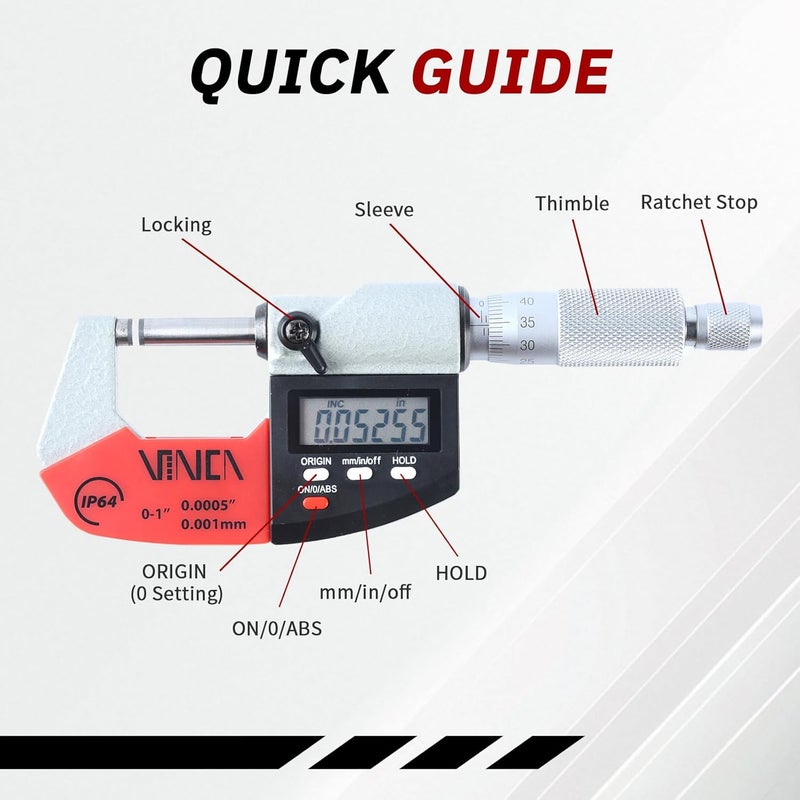 VINCA Absolute IP64 Origin Digital Micrometer, DMCA-0105 0-1"/0-25mm, 0.00005" /0.001mm Resolution, Hold Function, Carbide Tip - Image 2
